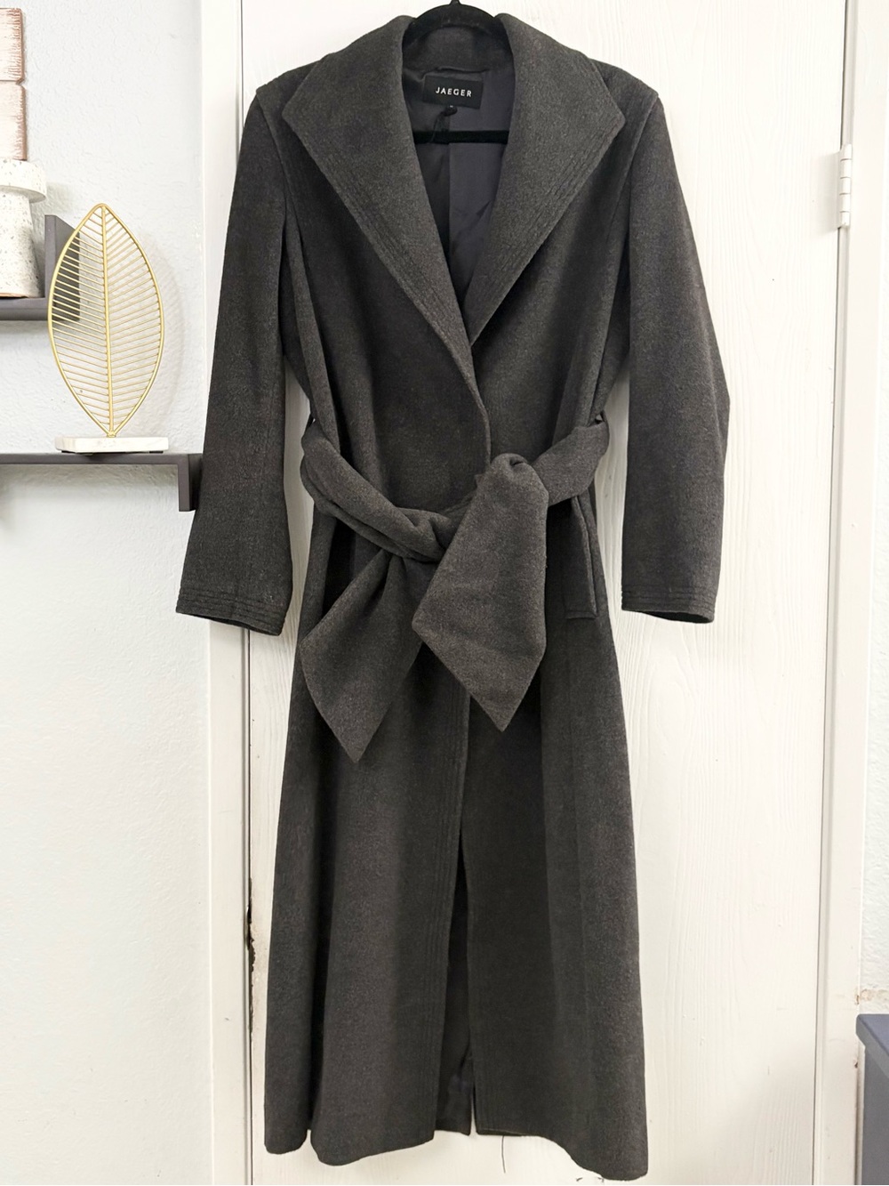 Jaeger Angora Wool Charcoal Long Belted Trench Coat Size 10